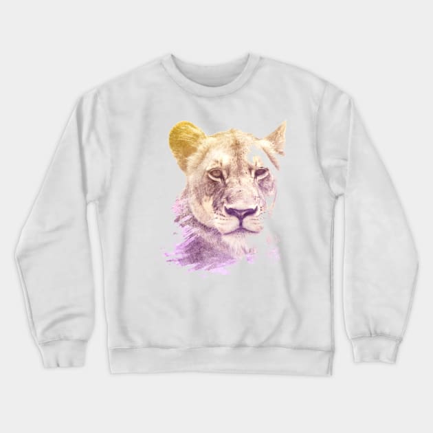 Lioness Superimposed Watercolor Crewneck Sweatshirt by deificusArt